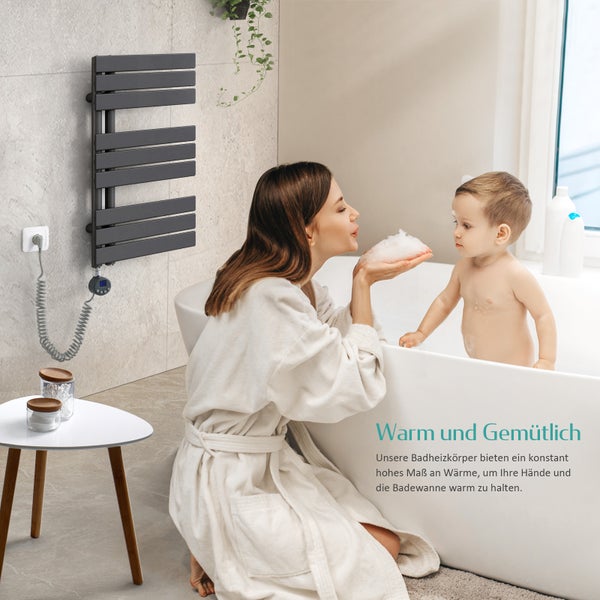 EMKE Elektrischer Design- Paneelheizkörper mit Thermostat und Timer für Handtuchwärmer, seitlich offen, Vertikal, 600 Watt, 60 cm x 104 cm, Anthrazit