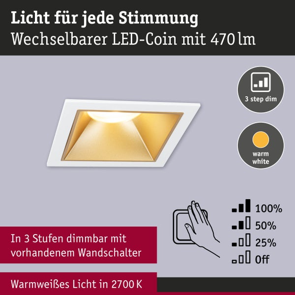 LED Einbauleuchte 3-Step-Dim Cole Coin 3er-Set IP44 eckig 88x88mm Coin 3x6W 3x470lm 230V dimmbar 2700K Weiß, Gold matt