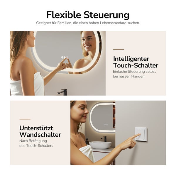 Flexible Steuerung eines Spiegels mit Touchschalter und Wandschalter im Badezimmer.