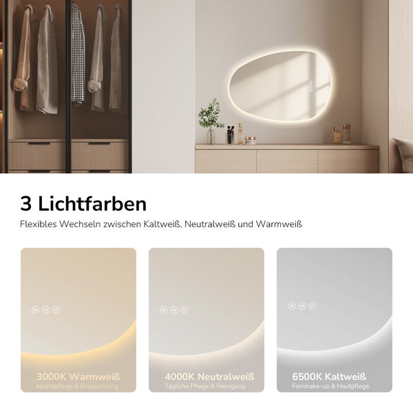 Organisch geformter LED-Spiegel mit Touch-Bedienung und drei Lichtfarben: 3000 Kelvin Warmweiß, 4000 Kelvin Neutralweiß und 6500 Kelvin Kaltweiß.