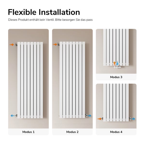 Flexible Installation des Heizkörpers mit verschiedenen Anschlussvarianten.