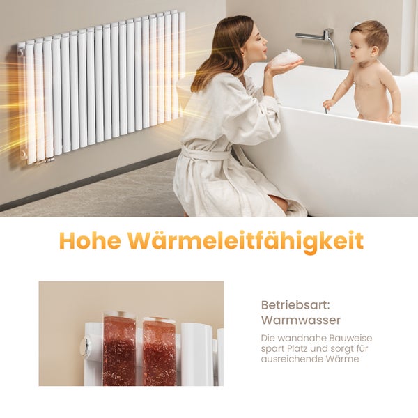 Szene im Badezimmer mit einem weißen Rippenheizkörper, einer Frau und einem Baby in der Badewanne, die hohe Wärmeleitfähigkeit demonstriert