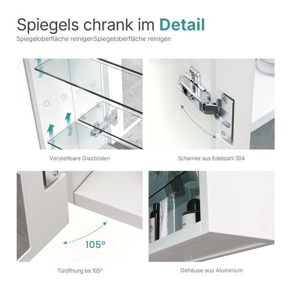 EMKE Spiegelschrank 60 x 65 cm, 2-türig, doppelseitige Spiegeltüren, mit Einlegeböden, Soft-Close, IP44, für Badezimmer, weiß