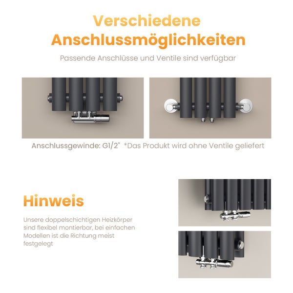 EMKE Badheizkörper 900×240 mm, Vertikal, Designheizkörper Anthrazit, Einzelrohr-Ovalprofil, 266 W, Warmwasser, Mittelanschluss, für Badezimmer
