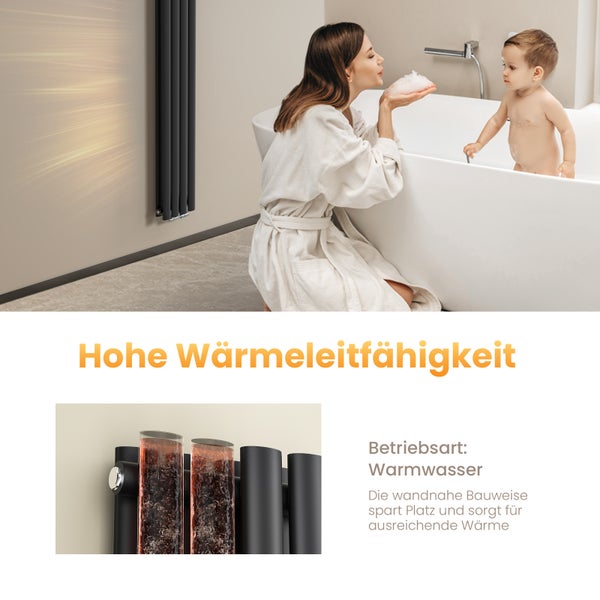 Szene im Badezimmer mit Heizkörper, Frau und Kind in der Badewanne