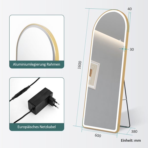 EMKE Bogen Standspiegel Ganzkörperspiegel mit Beleuchtung 3 Lichtfarbe Einstellbar Dimmbar, mit Rahmen aus Aluminiumlegierung für Wohn-,Schlaf-, Aufenthalt und Ankleidezimmer, Schwarz, 160x60cm