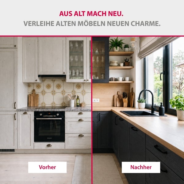 Küchenrenovierung Vorher-Nachher: Links eine alte helle Küche, rechts eine moderne Küche mit dunklen Schränken und Holz-Arbeitsplatte.