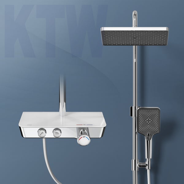 EMKE Duschsystem mit Thermostat, Wasserfall-Überkopfbrause, Handbrause mit 3 Strahlarten, Glasablage, 38 °C Wohlfühltemperatur, KTW-zertifiziert, 1142 x 303 x 460 mm, Chrom