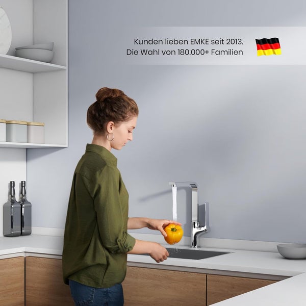 EMKE Küchenarmatur Chrom – Ultraflaches Design, 360° Schwenkbar, Edelstahl Einhebelmischer für Moderne Küchen, 30x22x10 cm, 3/8’’ Anschluss