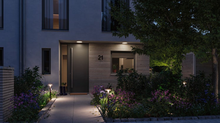 Modernes Haus mit Gartenbeleuchtung und Pflanzen