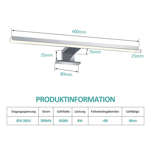 EMKE Spiegelleuchte LED Spiegelleuchte 40cm Spiegellampen für Badezimmer IP44 Schrankleuchte, Chrom, Neutral Licht 4200K