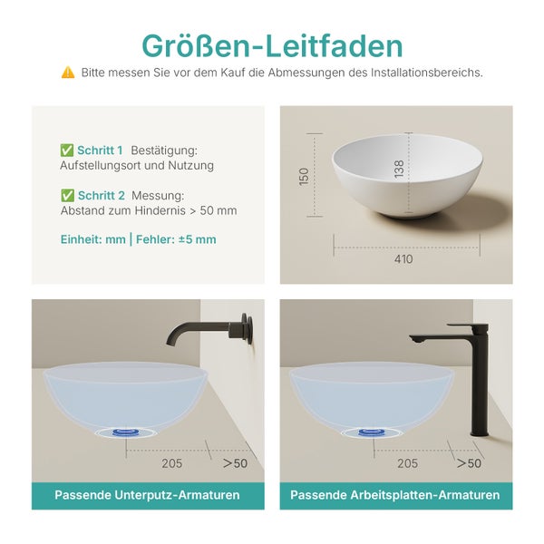 Größenleitfaden für Waschbecken mit Maßangaben und Installationshinweisen