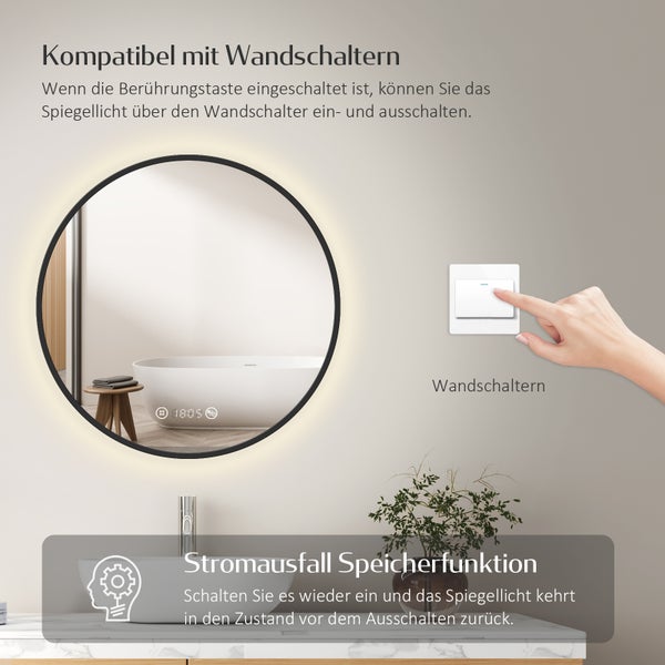 EMKE LED Badspiegel Ø60 cm, 4300K Neutrales Licht, Antibeschlag, Dimmbar, Schwarzer Rahmen, Uhr, Temperaturanzeige, für Badezimmer