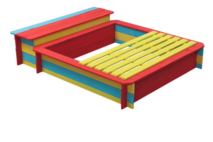 Farbenfroher Sandkasten aus Holz mit Sitzfläche und Abdeckung