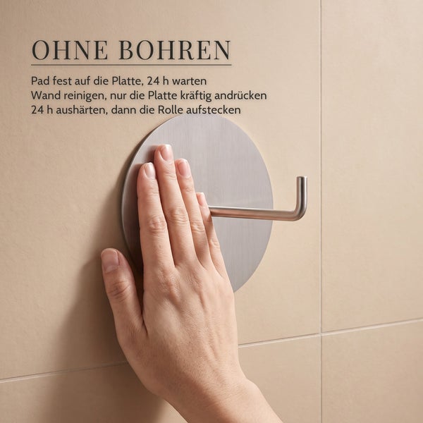 Toilettenpapierhalter zur Montage ohne Bohren mit Klebeplatte, Anleitung zum Andrücken an die Fliesenwand.
