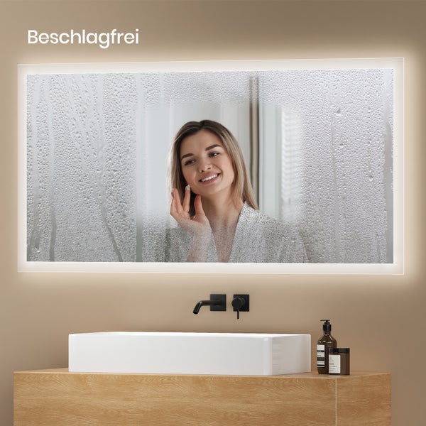 EMKE Badspiegel mit LED-Beleuchtung 120 x 60 cm, Kalt-/Warmweiß, Kippschalter, Anti-Beschlag, Spiegelglas 5 mm kupferfrei & rostfrei