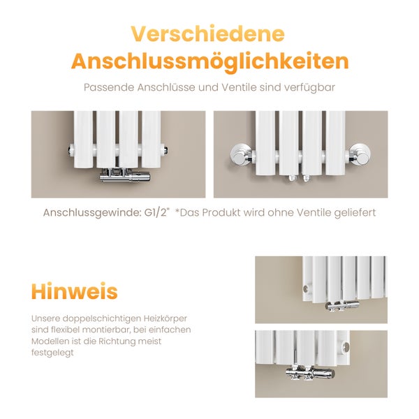 EMKE Badheizkörper 600×240 mm, Designheizkörper, Vertikal, Doppelrohr oval, 248 W, Weiß, für Warmwasserbetrieb, für Bad, Zentralanschluss