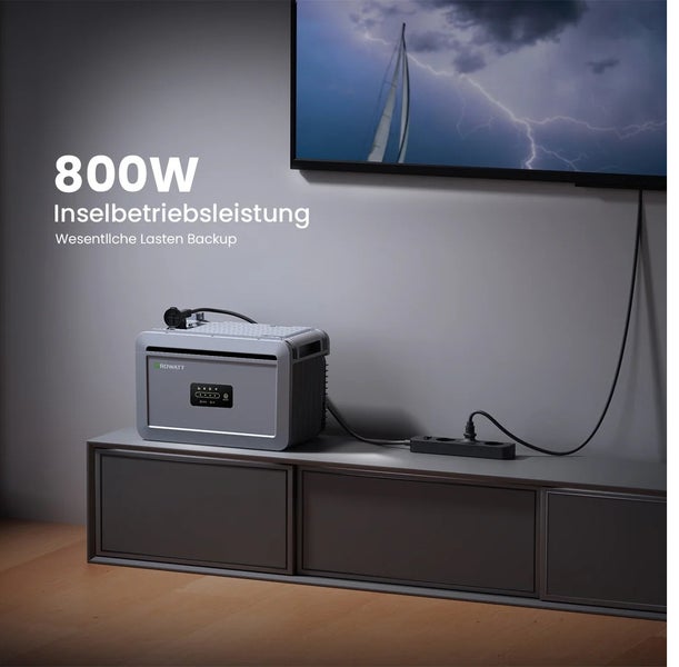 Tragbare Growatt Powerstation mit 800 Watt Inselbetriebsleistung auf einem Sideboard versorgt einen Fernseher über eine Steckdosenleiste als Backup.