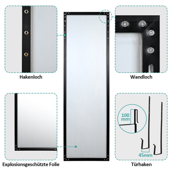 EMKE Standspiegel 120 x 37 cm, HD-Ganzkörperspiegel, Schwarz, Für Ankleidezimmer, Bodenstehend oder Wandmontage, Rechteckig mit Haken
