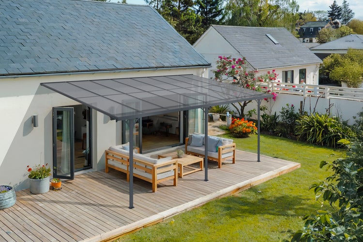Terrassenüberdachung garten alu Grau KLEO - Höhe verstellbar 495x300x225/270 cm - mit Polycarbonat Dach Grau halbtransparent 6mm Auch Pergola/Carport
