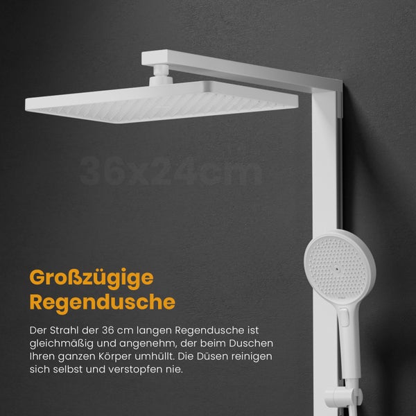 EMKE Duschsystem mit Thermostat, Mattweiß, Duscharmatur-Komplettset, 3-Strahlarten-Duschkopf, Temperatur-LED-Display, Chlorfilter, mit 40 cm Ablagearmatur, für Badezimmer