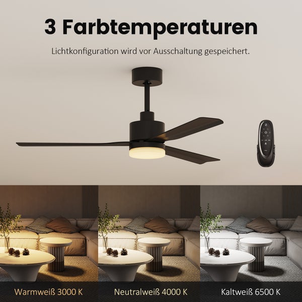 EMKE Deckenventilator mit LED, dimmbar, 6 Geschwindigkeiten, Fernbedienung & Timer, Schlafmodus, Ø1320×378 mm, Schwarz