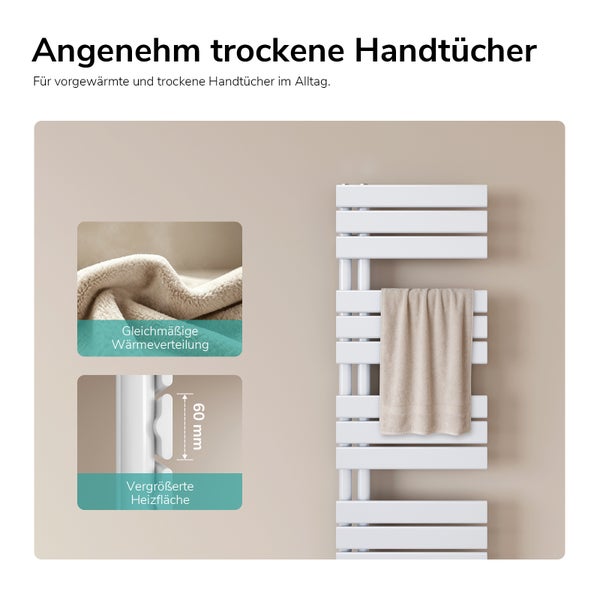 Handtuchheizkörper an der Wand mit hängendem Handtuch und Detailansichten zur gleichmäßigen Wärmeverteilung und vergrößerten Heizfläche.