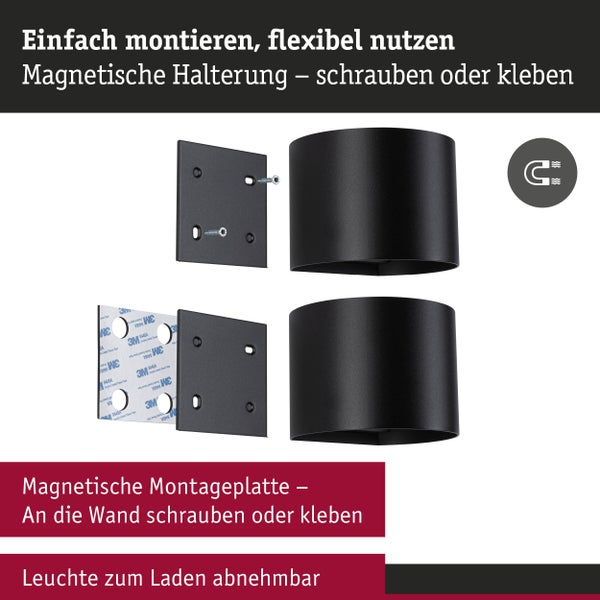 Magnetische Wandleuchte mit Montageplatten zum Schrauben oder Kleben