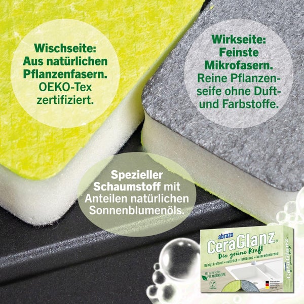 abrazo CeraGlanz Reinigungsschwamm für Glaskeramik mit Pflanzen- und Mikrofasern, Pflanzenseife und Schaumstoff mit Sonnenblumenöl.