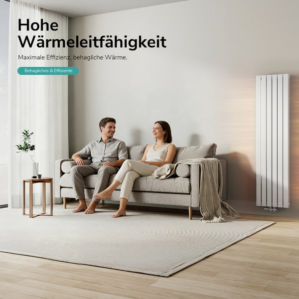 Modernes, helles Wohnzimmer mit weißem vertikalem Heizkörper an der Wand, Paar auf grauem Sofa, Teppich und Holzboden.