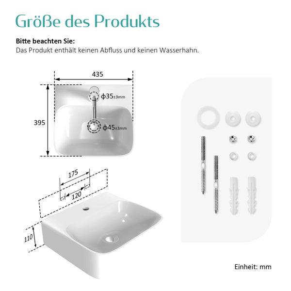 EMKE Aufsatzwaschbecken 435 x 395 x 130 mm, Kleines Waschbecken Handwaschbecken für Badezimmer mit Hahnloch, Weiß
