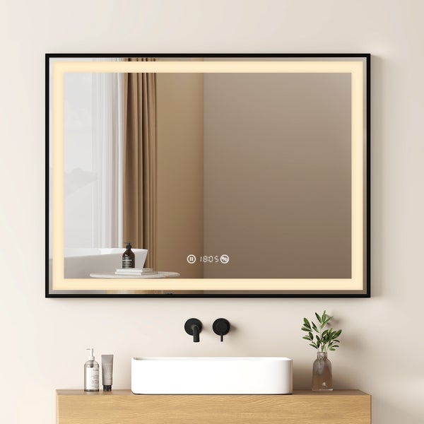 EMKE LED Badspiegel mit Beleuchtung 800×600 mm, Mattierter Spiegelrand, 4300K Neutrallicht, Antibeschlag & Uhr, Schwarzer Rahmen, für Badezimmer geeignet