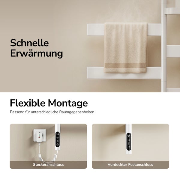 Elektrischer Handtuchheizkörper mit schneller Erwärmung, wahlweise mit Steckeranschluss oder verdecktem Festanschluss für flexible Montage.