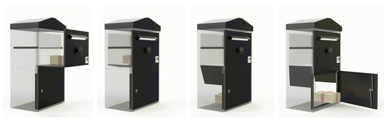 Abbildung eines Paketbriefkastens in vier verschiedenen Ansichten