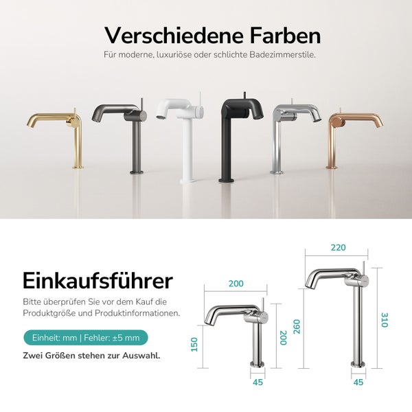 Verschiedenfarbige Badezimmerarmaturen und Maße