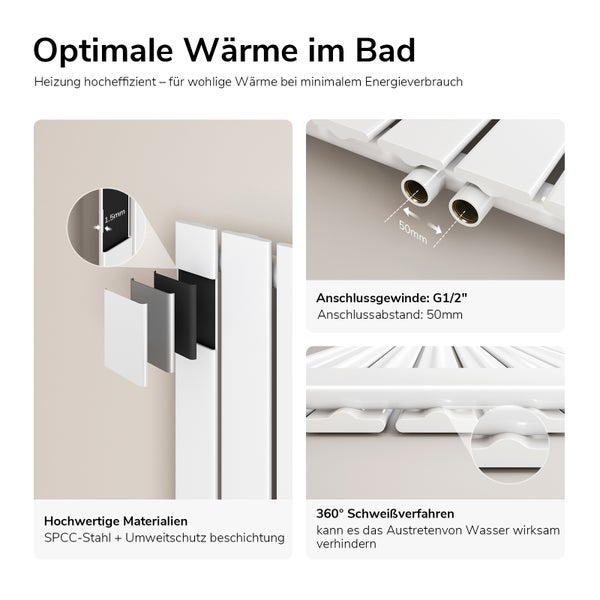 Detailansicht eines weißen Badheizkörpers mit Informationen zu Material, Anschlüssen und Schweißverfahren