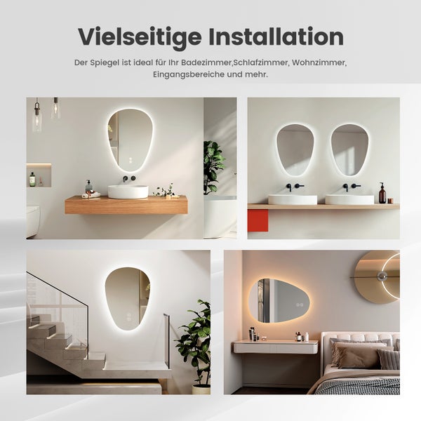 Vier Anwendungsbeispiele für einen asymmetrischen LED Badezimmerspiegel in Badezimmern, Flur und Schlafzimmer für vielseitige Wohnraumgestaltung.