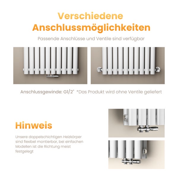 EMKE Design-Röhrenheizkörper für Warmwasserbetrieb, Mittelanschluss, doppellagig,  2175Watt, 60 cm x 180 cm, Weiß