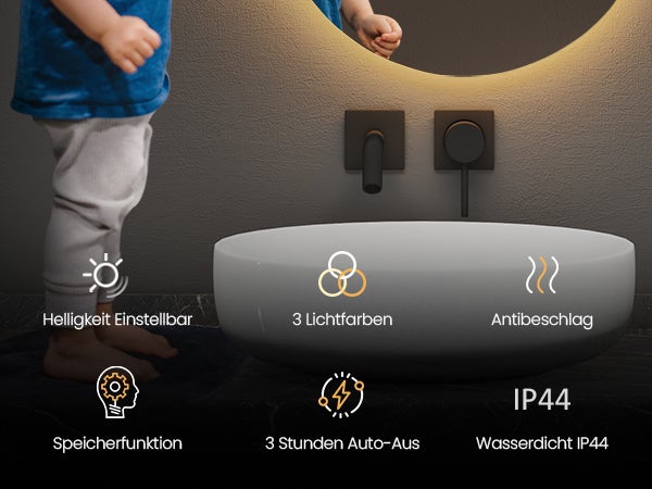 EMKE LED-Badspiegel, Rahmenloser Spiegel mit Beleuchtung,  Asymmetrischer LED Badspiegel mit Anti-Beschlag, 50 x 45 cm, Kaltweißes/Neutrales/Warmweißes Licht