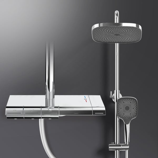 EMKE Duschsystem mit Thermostat Duschset Duschsäuleset mit Brausestange, Handbrause mit 3 Strahlstärken, Regendusche, Chrom