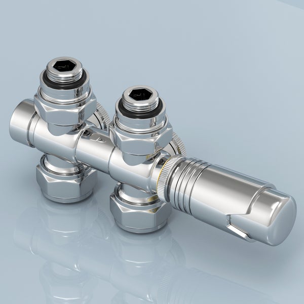 EMKE Heizkörperthermostat Multiblock-Set – Anschlussarmatur mit Thermostat für Heizkörper und Handtuchtrockner, Heizungszubehör in Eck- und Durchgangsform φ16xG1/2 und φ15xG1/2, Chrom