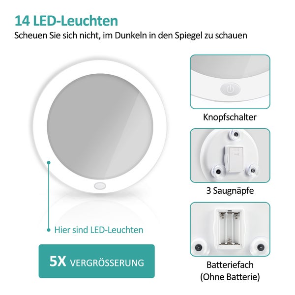 EMKE Kosmetikspiegel Ø16,5 cm, Weiß, 5-fach Vergrößerung, Beleuchtung mit Knopfschalter, Batteriebetrieben, mit magnetischer Rückseite, tragbar