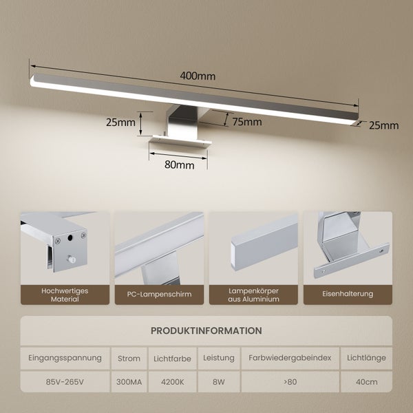 LED Spiegelleuchte mit den Maßen 400 mm Länge, 75 mm Breite und 25 mm Höhe, bestehend aus Lampenkörper aus Aluminium, PC Lampenschirm und Eisenhalterung