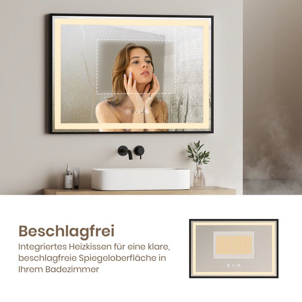 EMKE LED Badspiegel mit Beleuchtung 700×500 mm, Mattierter Spiegelrand, 4300K Neutrallicht, Antibeschlag & Uhr, Schwarzer Rahmen, für Badezimmer geeignet