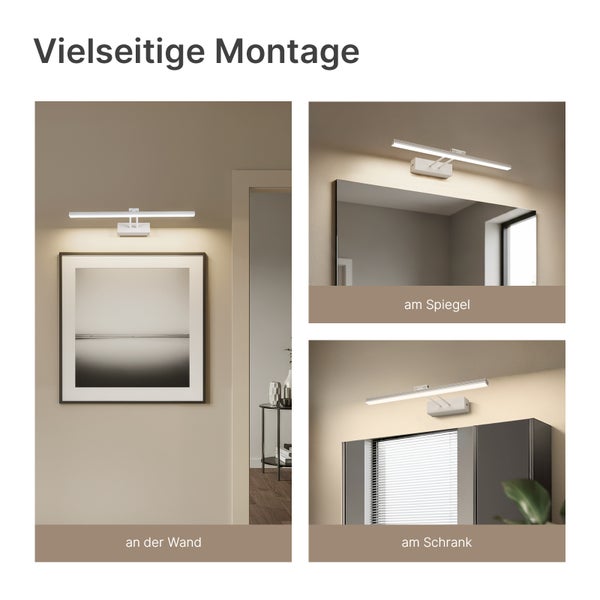 Bilder zeigen vielseitige Montage einer LED Lampe an Wand, Spiegel und Schrank.