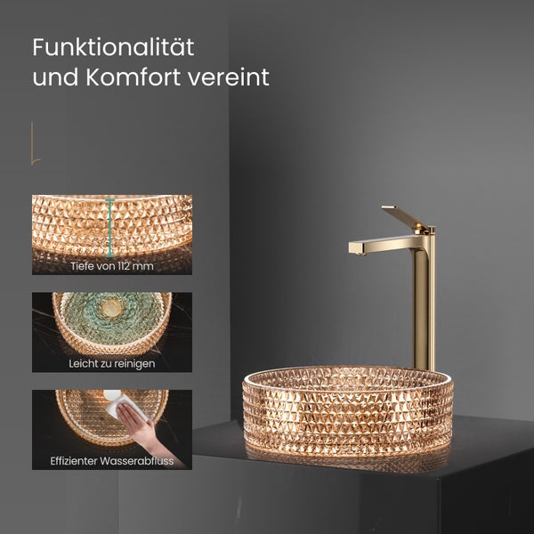 EMKE Aufsatzwaschbecken Ø36 cm, Crystal Glass, Rundes Waschbecken, Roségold, Höhe 112 mm, Elektroplattiertes Design, Ohne Hahnloch, Modernes Badezimmer Waschtisch