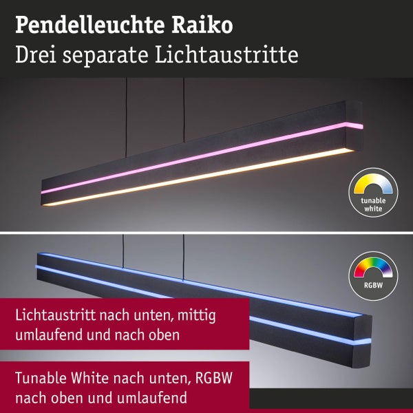 Pendelleuchte Raiko mit drei separaten Lichtaustritten, einstellbarem Weißlicht nach unten und farbigem Licht nach oben sowie umlaufend.