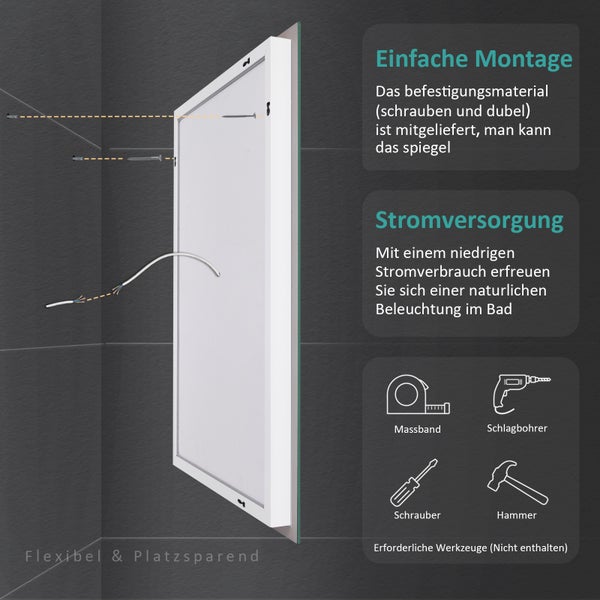 Abbildung zur Montage eines Spiegelschranks mit Befestigungsmaterial und benötigten Werkzeugen.