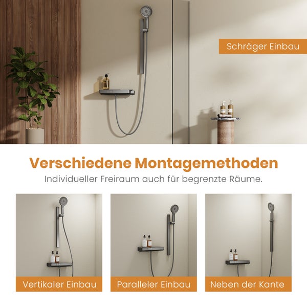 EMKE Duschsystem 601x395x135 mm mit Handbrause, Ablagearmatur, Höhenverstellung und 3 Strahlarten, mit Neoperl-Perlator & integriertem Filter, für Badezimmer, Matt Anthrazit