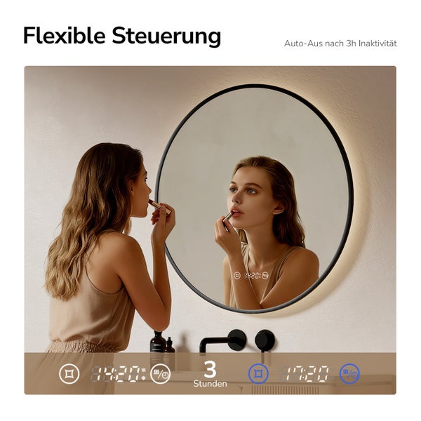 Runder Badezimmerspiegel mit flexibler Steuerung und integrierter Beleuchtung im Badezimmer.
